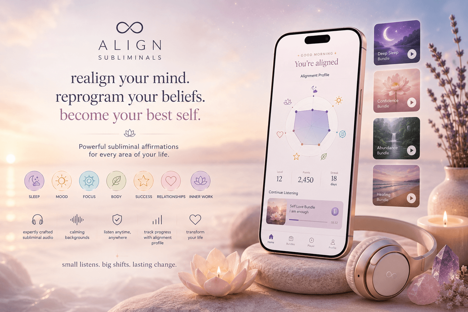 ALIGN Subliminals app — showcasing subliminal affirmation categories, alignment profile, and calming audio bundles